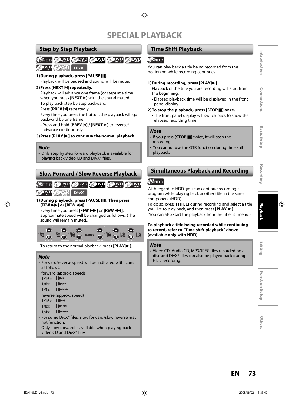 Special playback, 73 en, 1/8x | Philips DVDR3575H-37E User Manual | Page 73 / 124