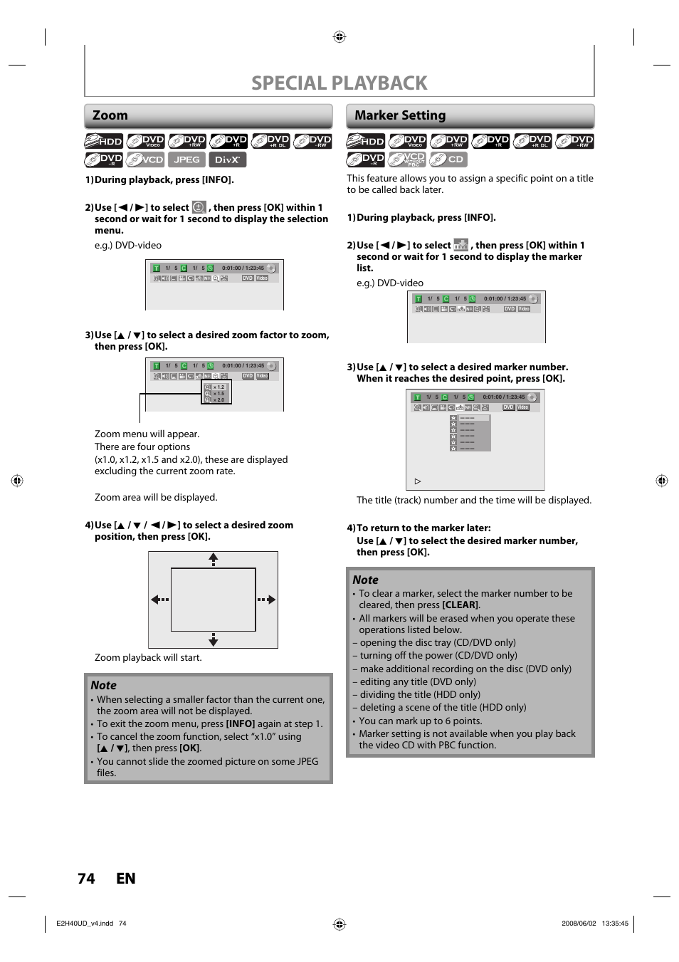 Special playback, 74 en 74 en, Zoom | Marker setting | Philips DVDR3575H-37E User Manual | Page 74 / 124