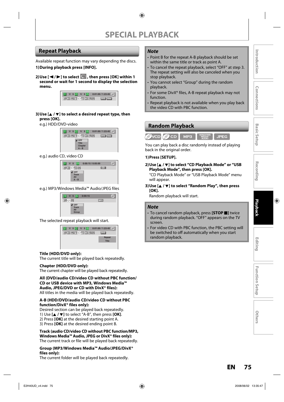 Special playback, 75 en, Repeat playback random playback | Philips DVDR3575H-37E User Manual | Page 75 / 124