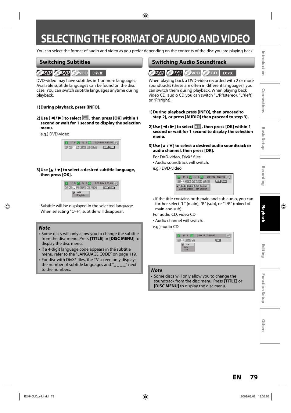 Selecting the format of audio and video, 79 en, Switching subtitles | Switching audio soundtrack | Philips DVDR3575H-37E User Manual | Page 79 / 124