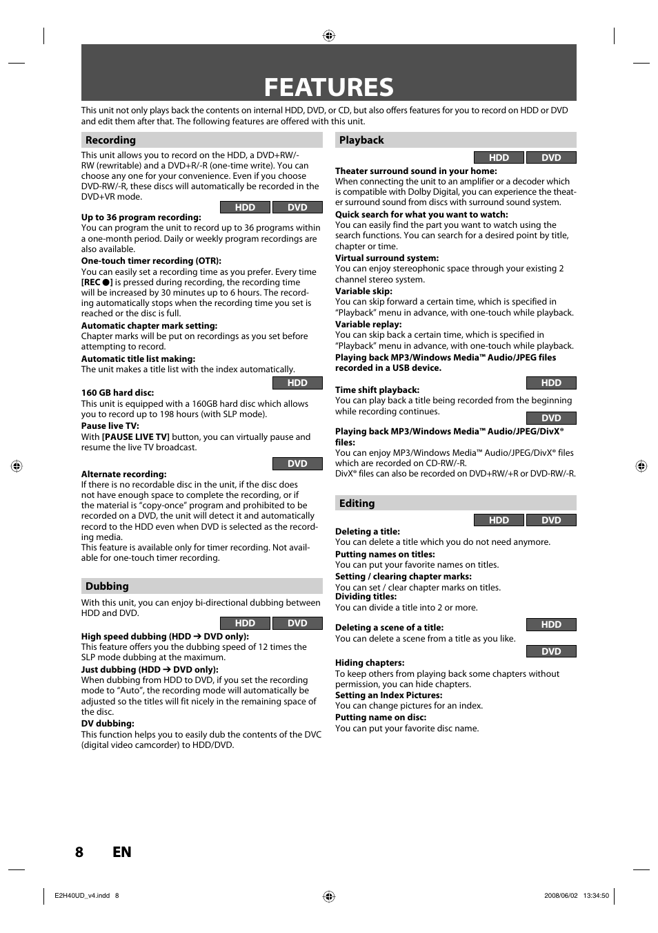 Features, 8en 8 en | Philips DVDR3575H-37E User Manual | Page 8 / 124