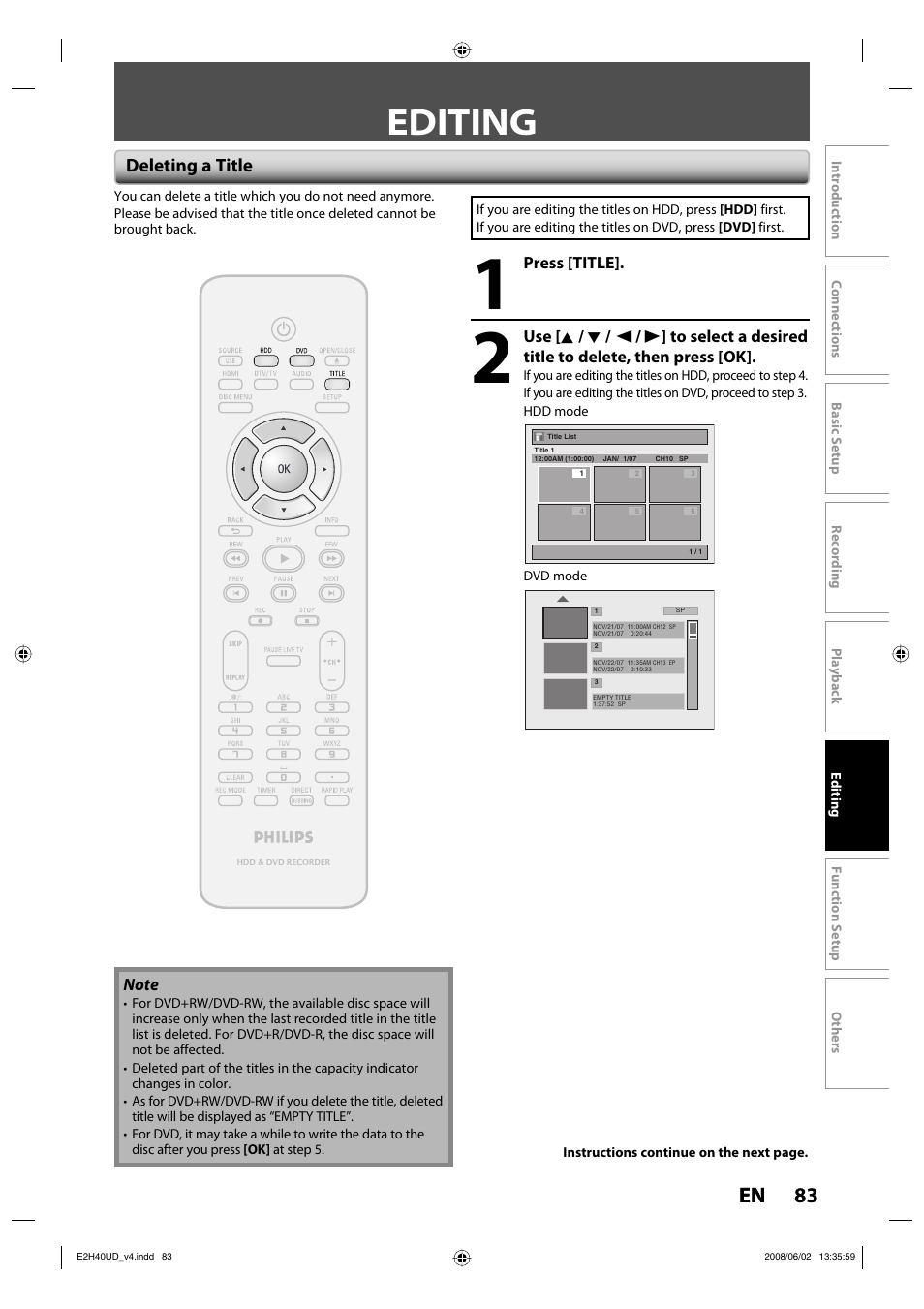 Editing, 83 en, Deleting a title | Philips DVDR3575H-37E User Manual | Page 83 / 124