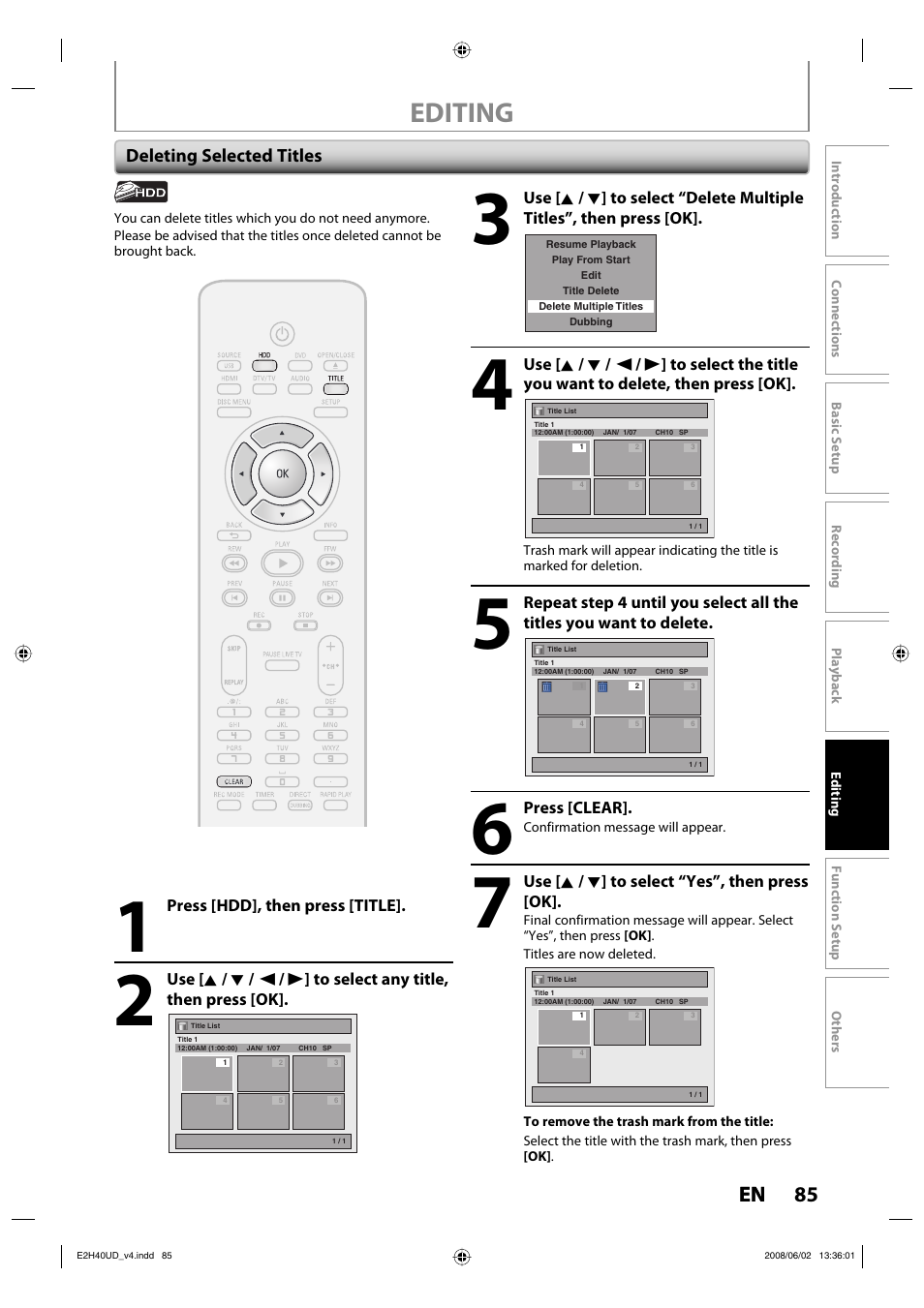 Editing, 85 en | Philips DVDR3575H-37E User Manual | Page 85 / 124