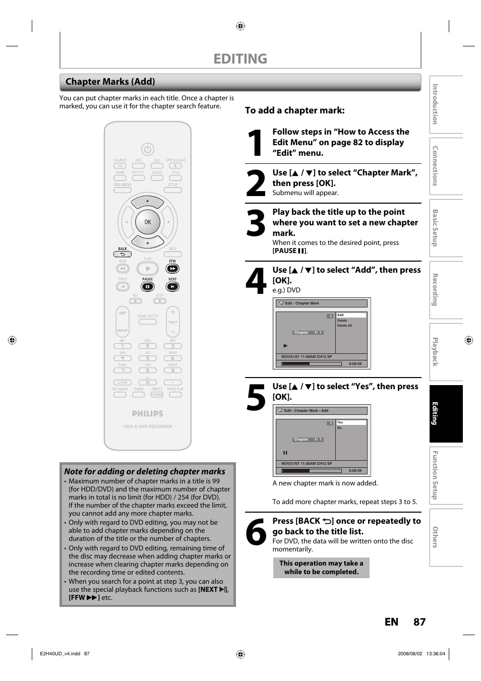 Editing, 87 en | Philips DVDR3575H-37E User Manual | Page 87 / 124