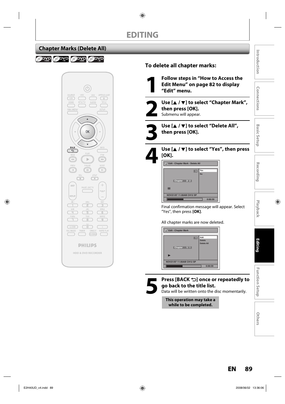 Editing, 89 en | Philips DVDR3575H-37E User Manual | Page 89 / 124