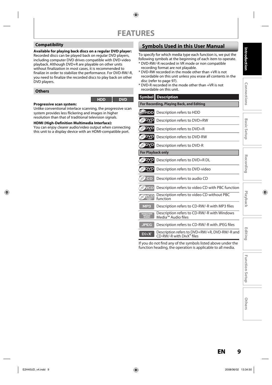 Features, Symbols used in this user manual | Philips DVDR3575H-37E User Manual | Page 9 / 124