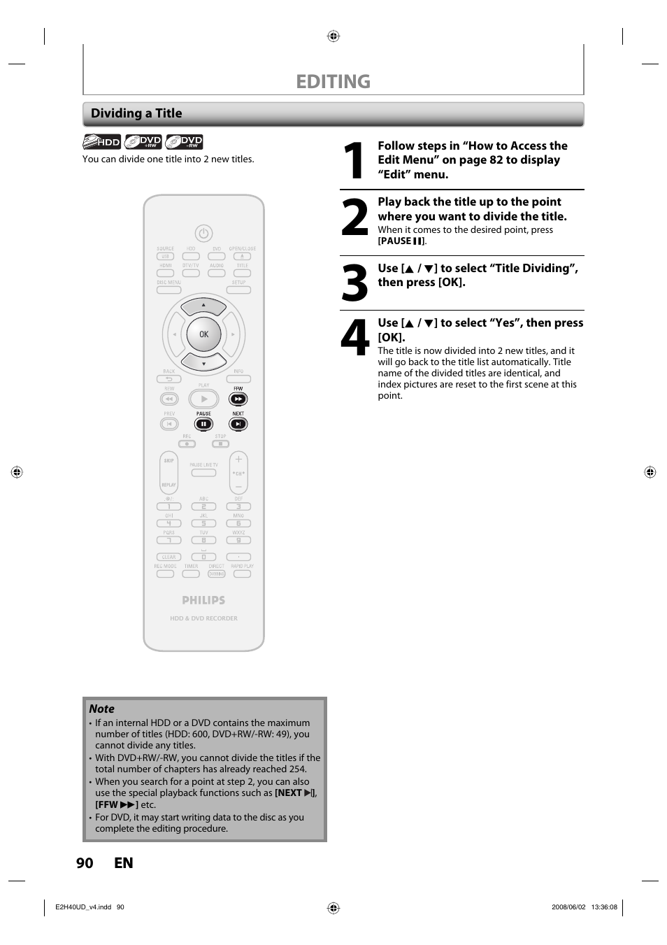 Editing | Philips DVDR3575H-37E User Manual | Page 90 / 124