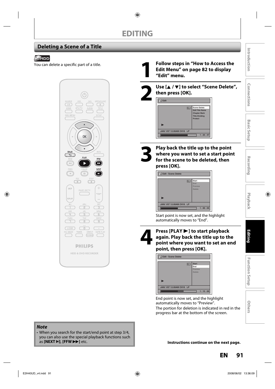 Editing, 91 en | Philips DVDR3575H-37E User Manual | Page 91 / 124