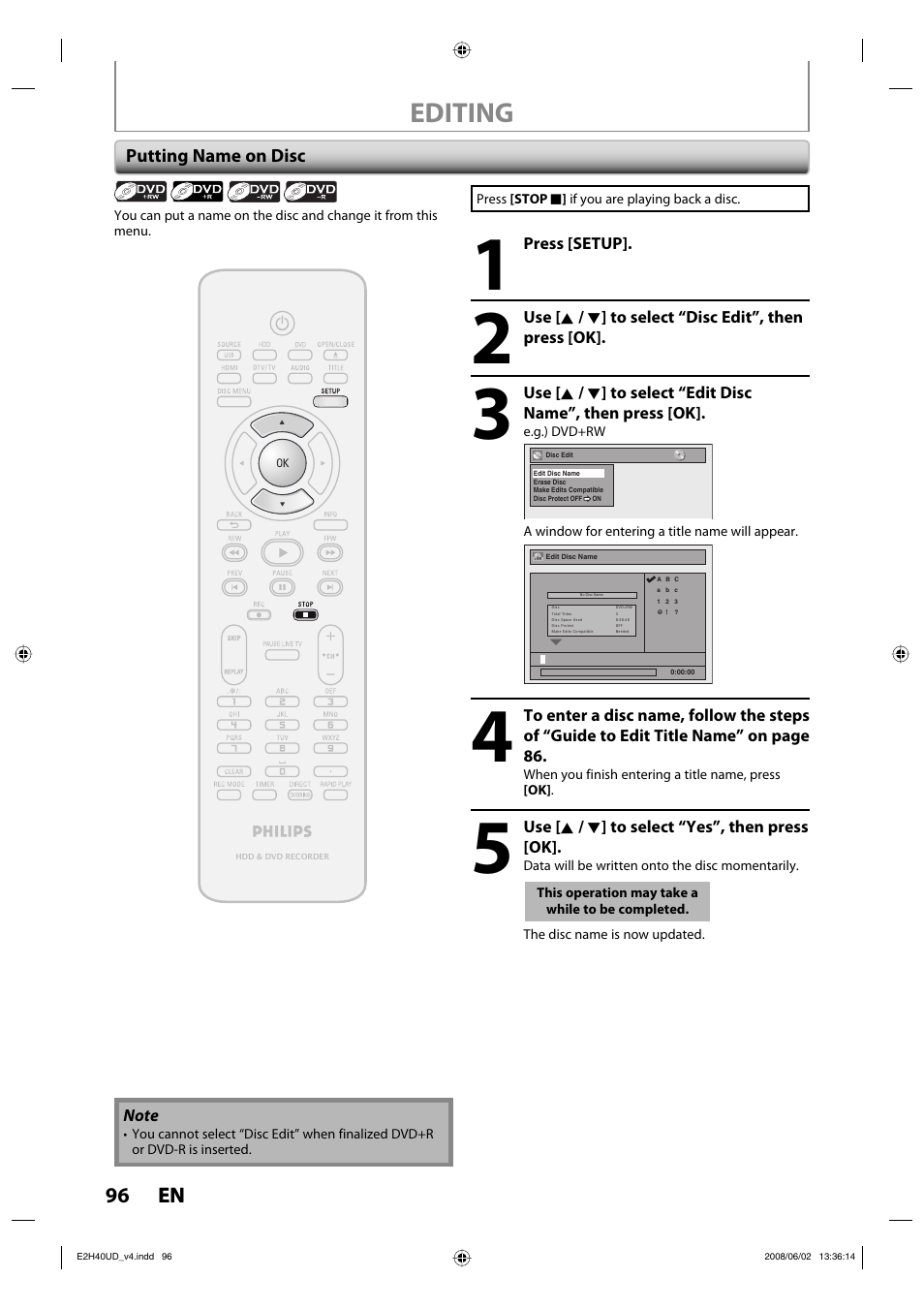 Editing, 96 en 96 en | Philips DVDR3575H-37E User Manual | Page 96 / 124