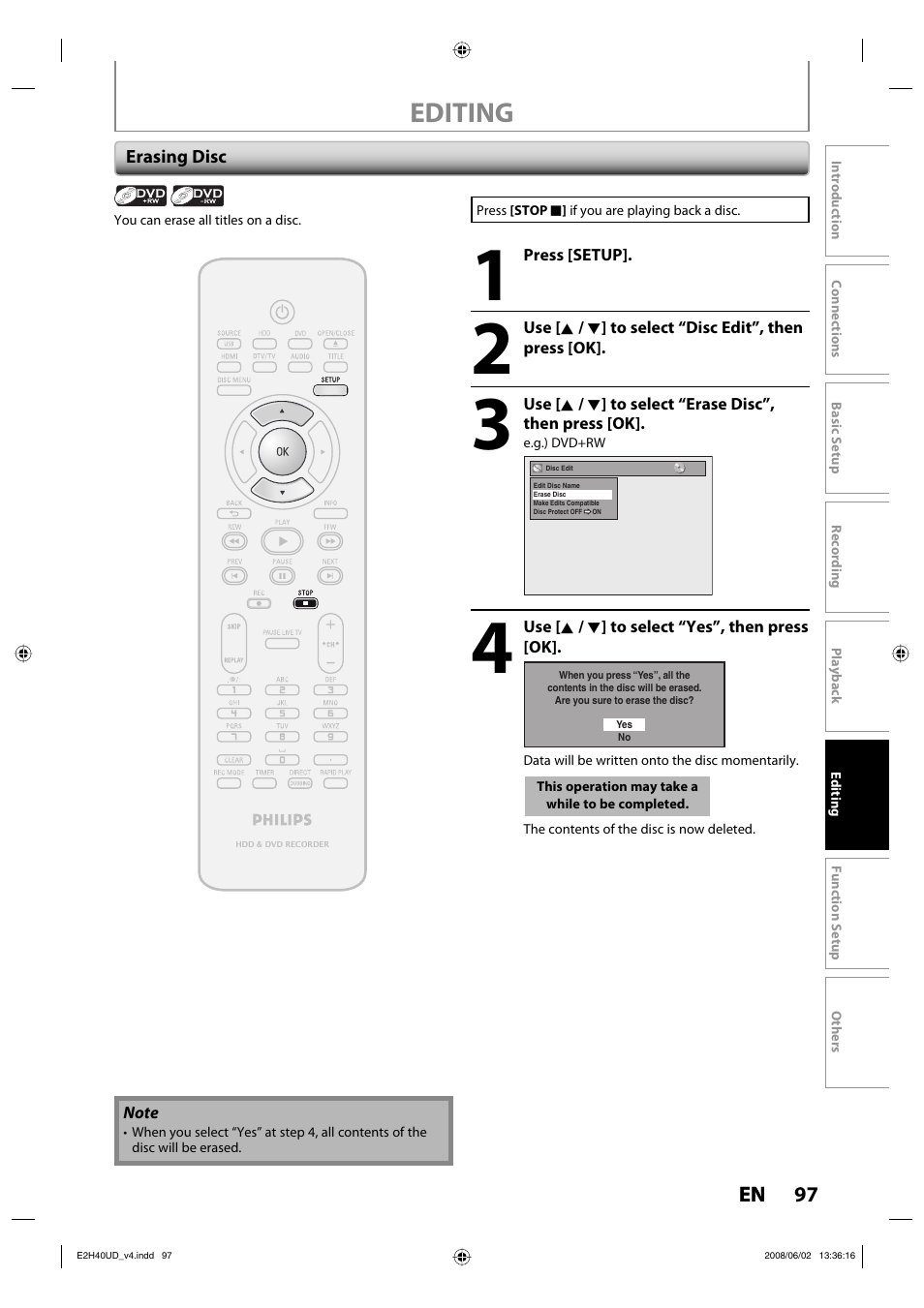 Editing | Philips DVDR3575H-37E User Manual | Page 97 / 124