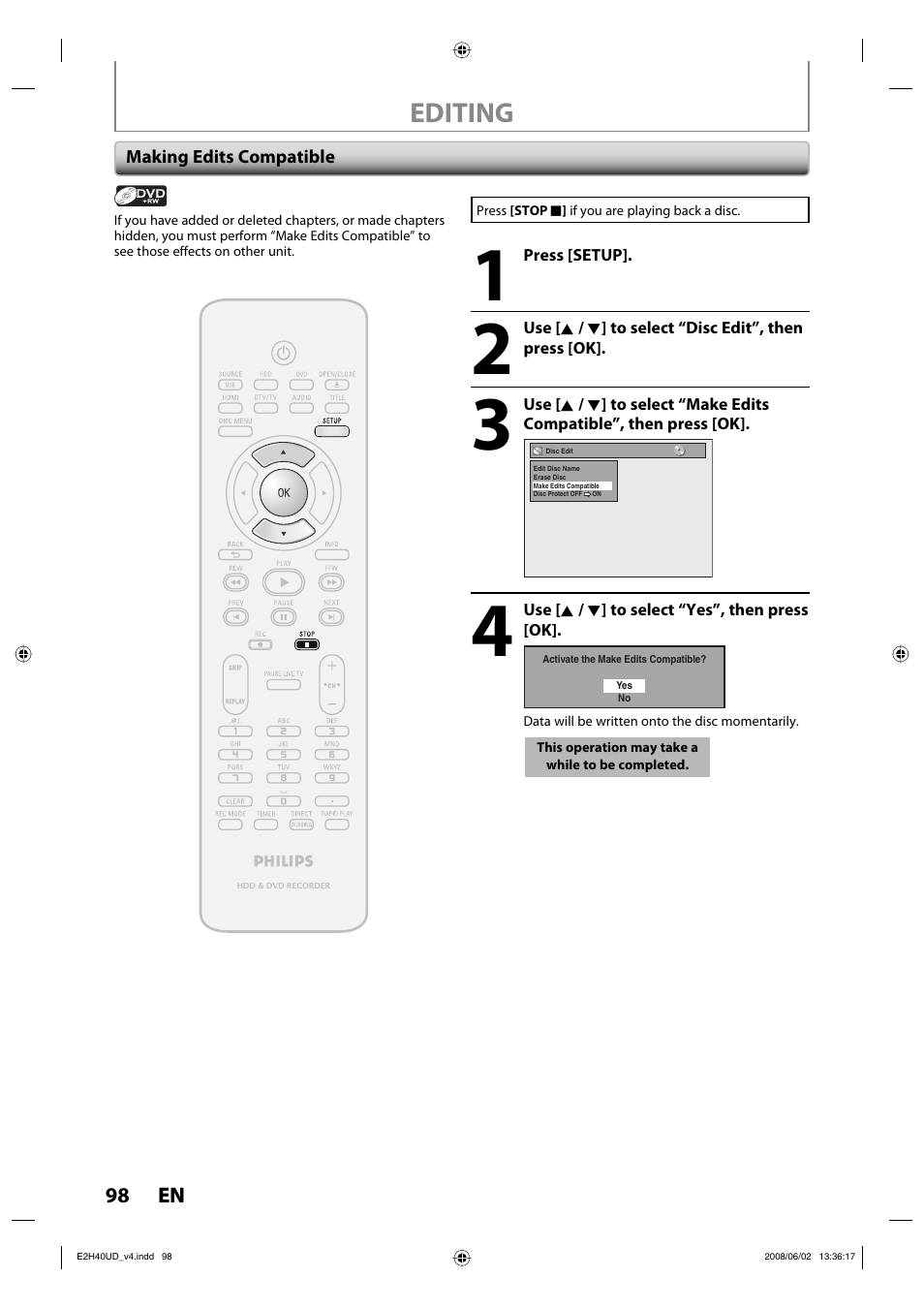 Editing | Philips DVDR3575H-37E User Manual | Page 98 / 124