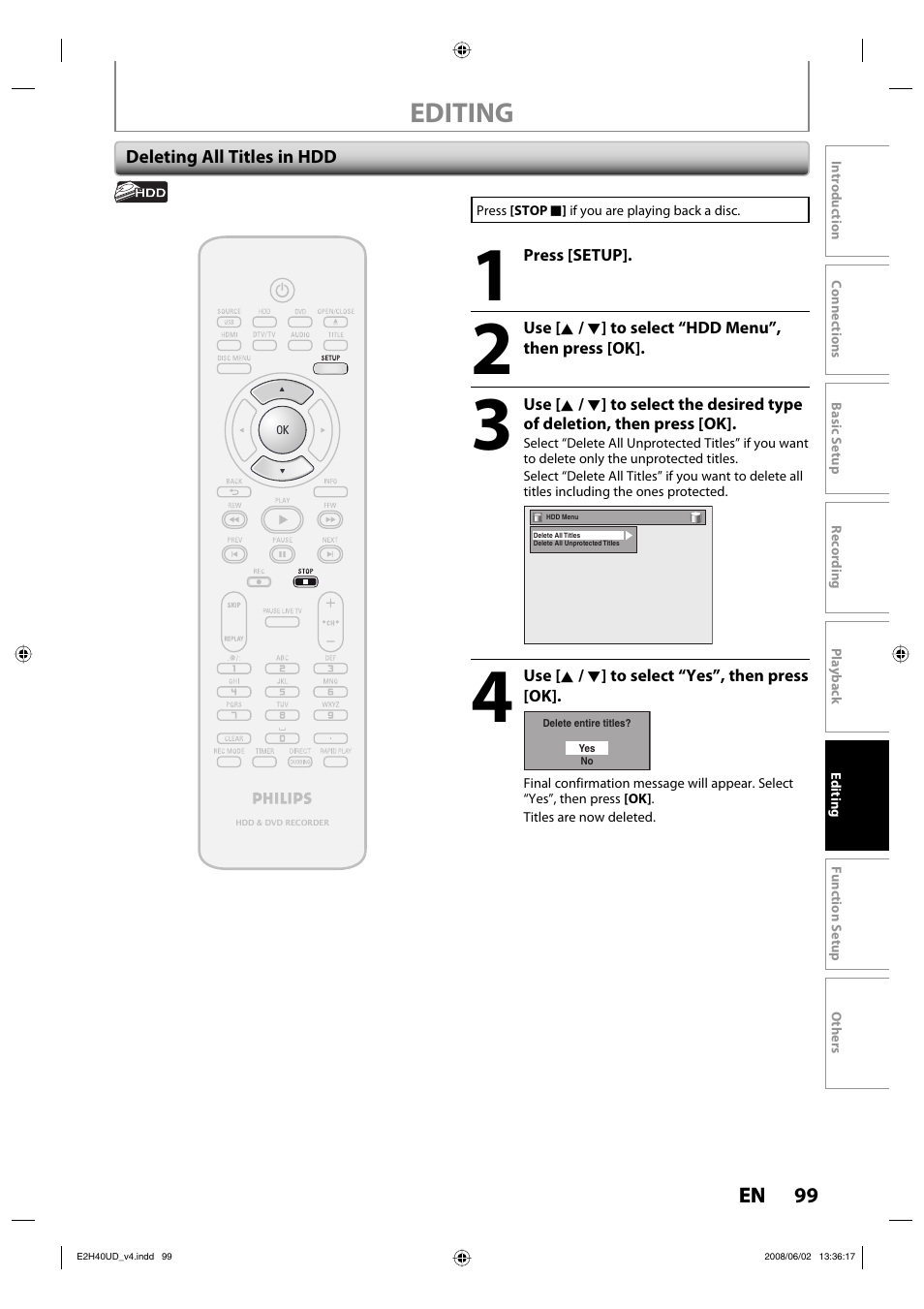 Editing | Philips DVDR3575H-37E User Manual | Page 99 / 124