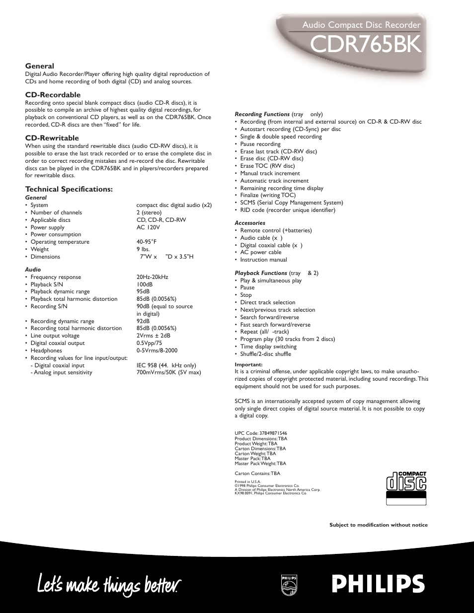 Cdr765bk, Audio compact disc recorder | Philips CDR765BK User Manual | Page 2 / 2