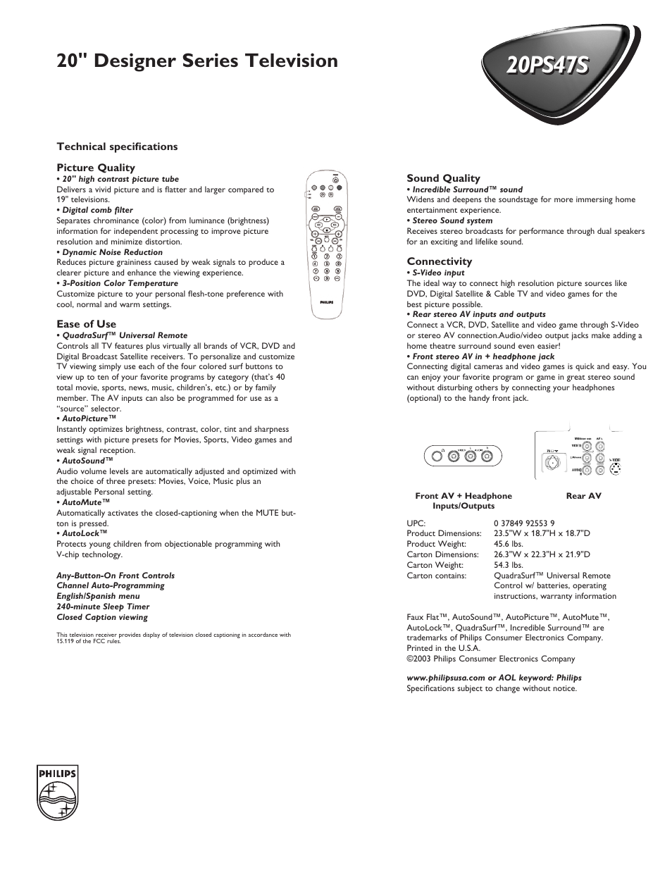 20ps47s, 20" designer series television | Philips 20PS47S User Manual | Page 2 / 2
