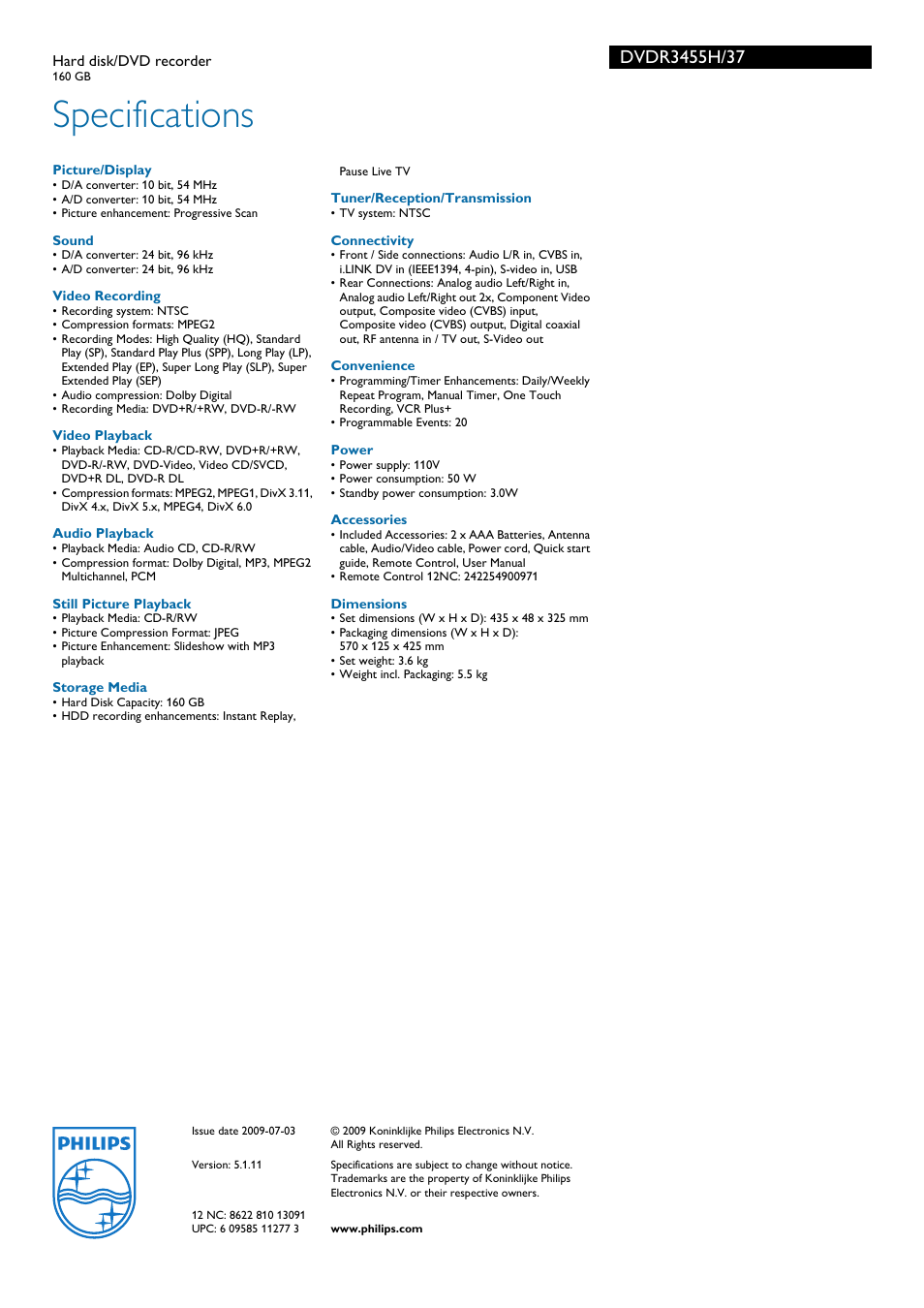 Specifications | Philips DVDR3455H-37 User Manual | Page 3 / 3