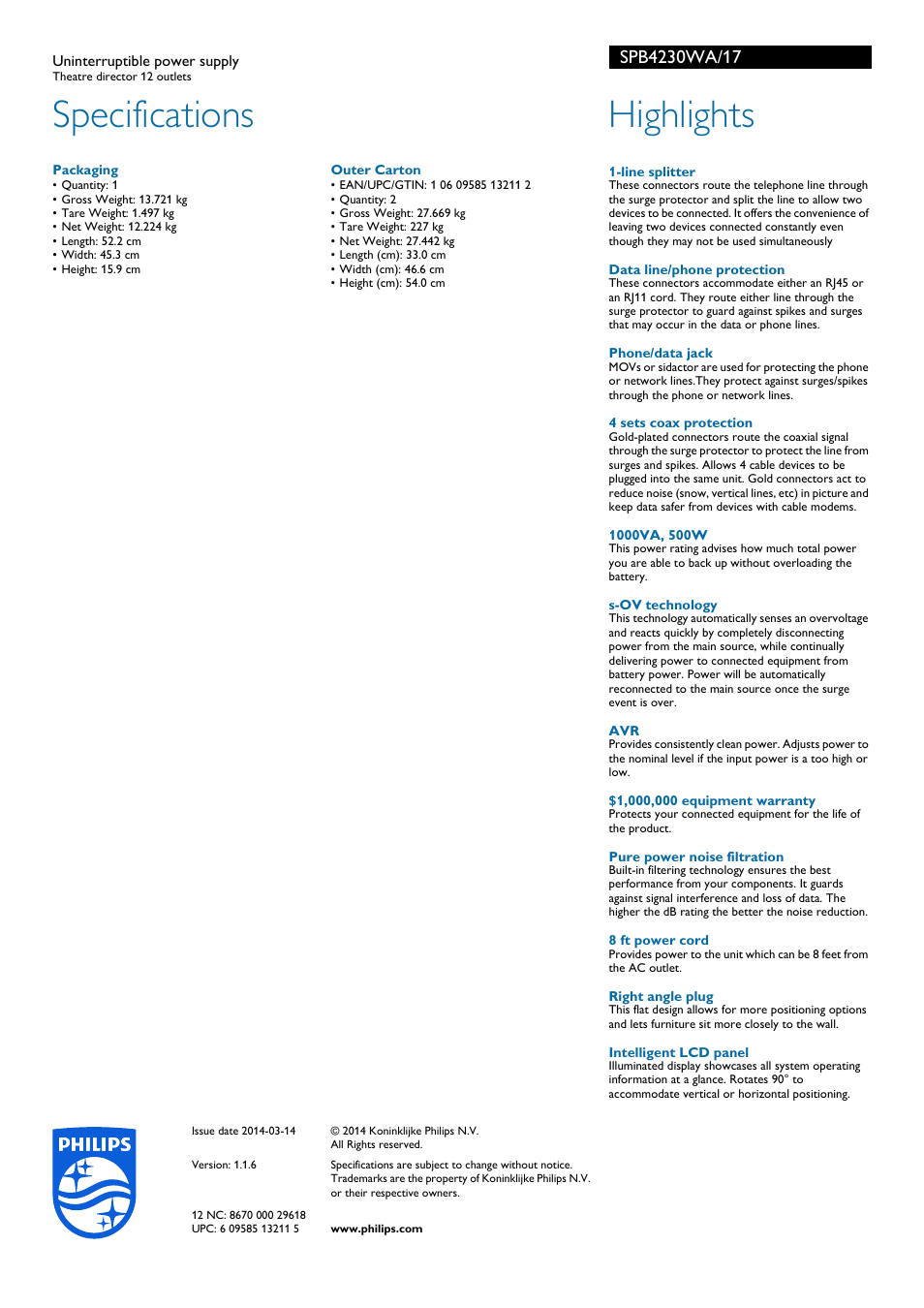 Specifications, Highlights | Philips SPB4230WA-17 User Manual | Page 2 / 2