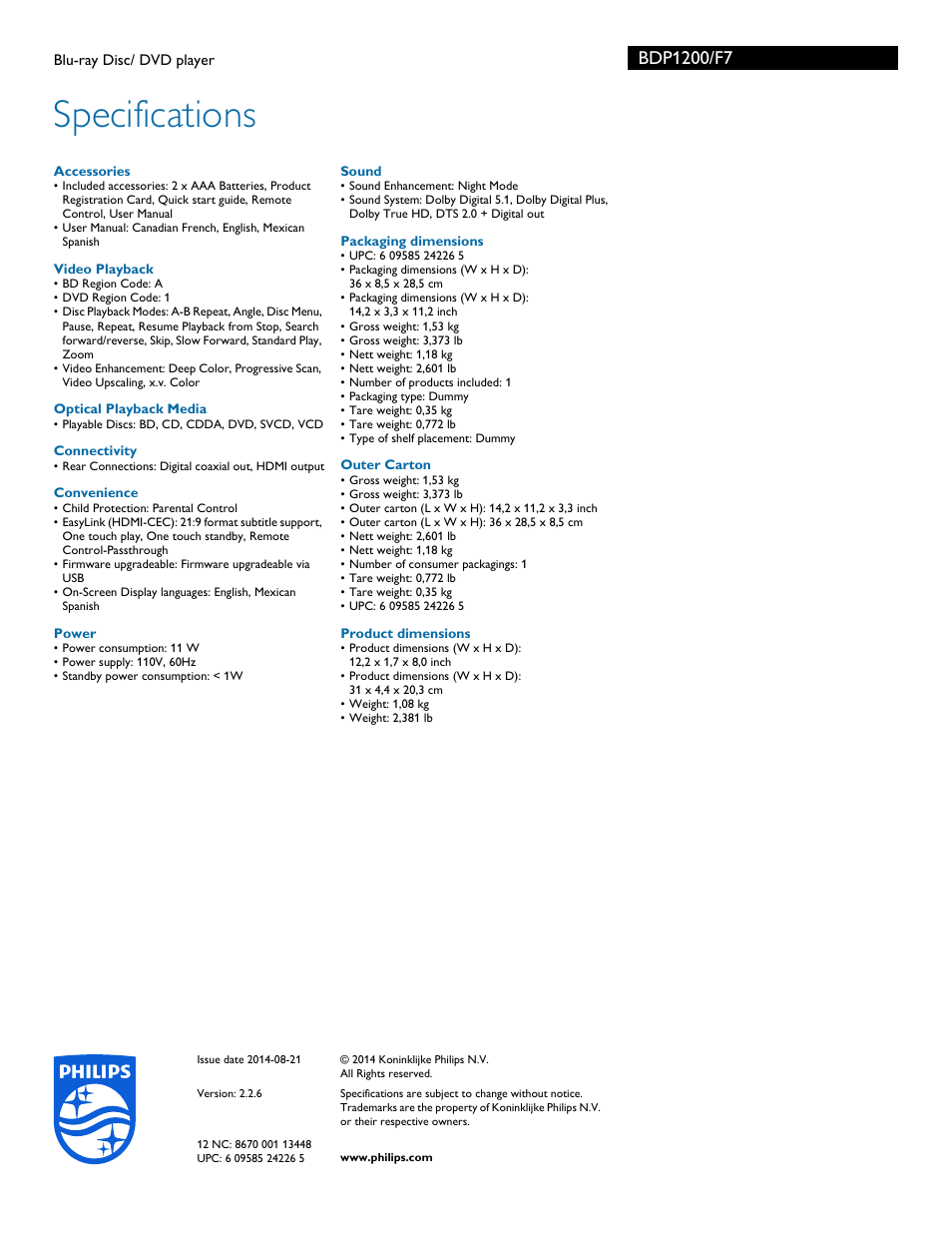 Specifications | Philips Blu-ray Disc- DVD player BDP1200 User Manual | Page 3 / 3