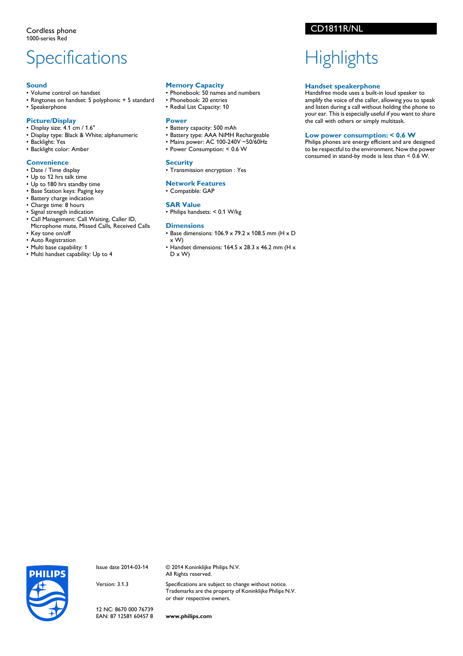 Sound, Picture/display, Convenience | Memory capacity, Power, Security, Network features, Sar value, Dimensions, Handset speakerphone | Philips CD1811R-NL User Manual | Page 2 / 2