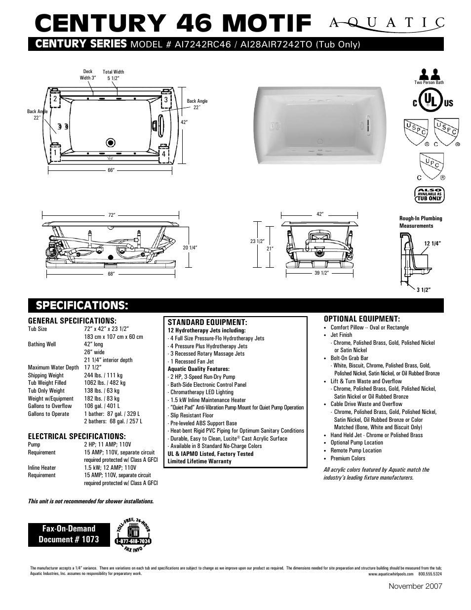 Aquatic CENTURY 46 MOTIF AI7242RC46 User Manual | 1 page