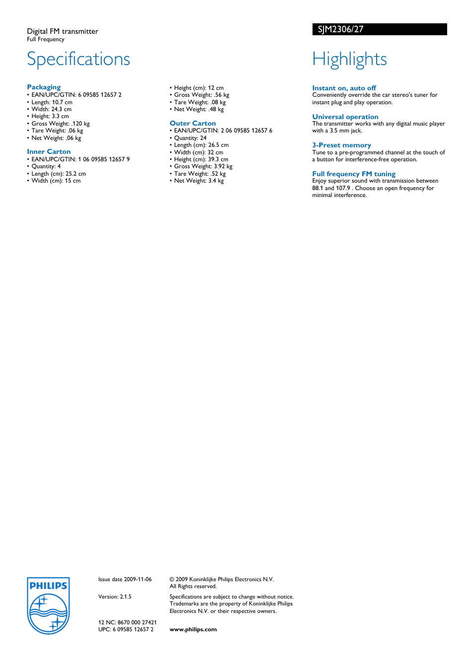 Digital fm transmitter, Packaging, Inner carton | Outer carton, Specifications, Highlights, Philips | Philips SJM2306-27 User Manual | Page 2 / 2