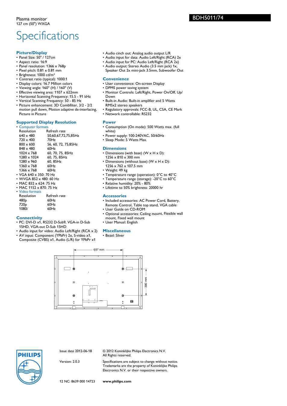 Specifications | Philips BDH5011-74 User Manual | Page 3 / 3