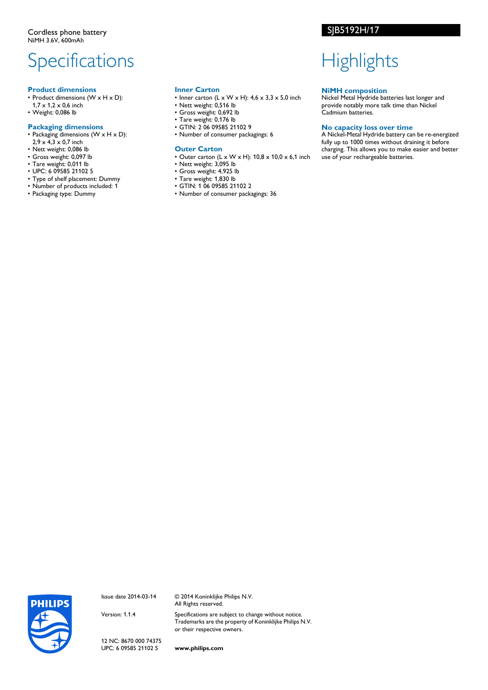 Cordless phone battery, Inner carton, Nimh composition | Specifications, Highlights | Philips SJB5192H-17 User Manual | Page 2 / 2