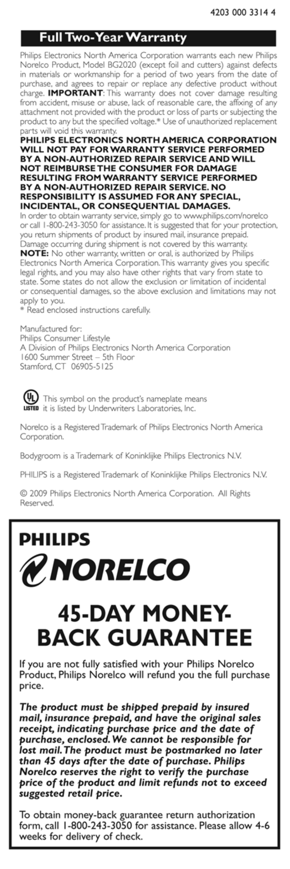 Norelco, Day money- back guarantee, Philips | Full two-year warranty | Philips BG2020-31 User Manual | Page 10 / 10