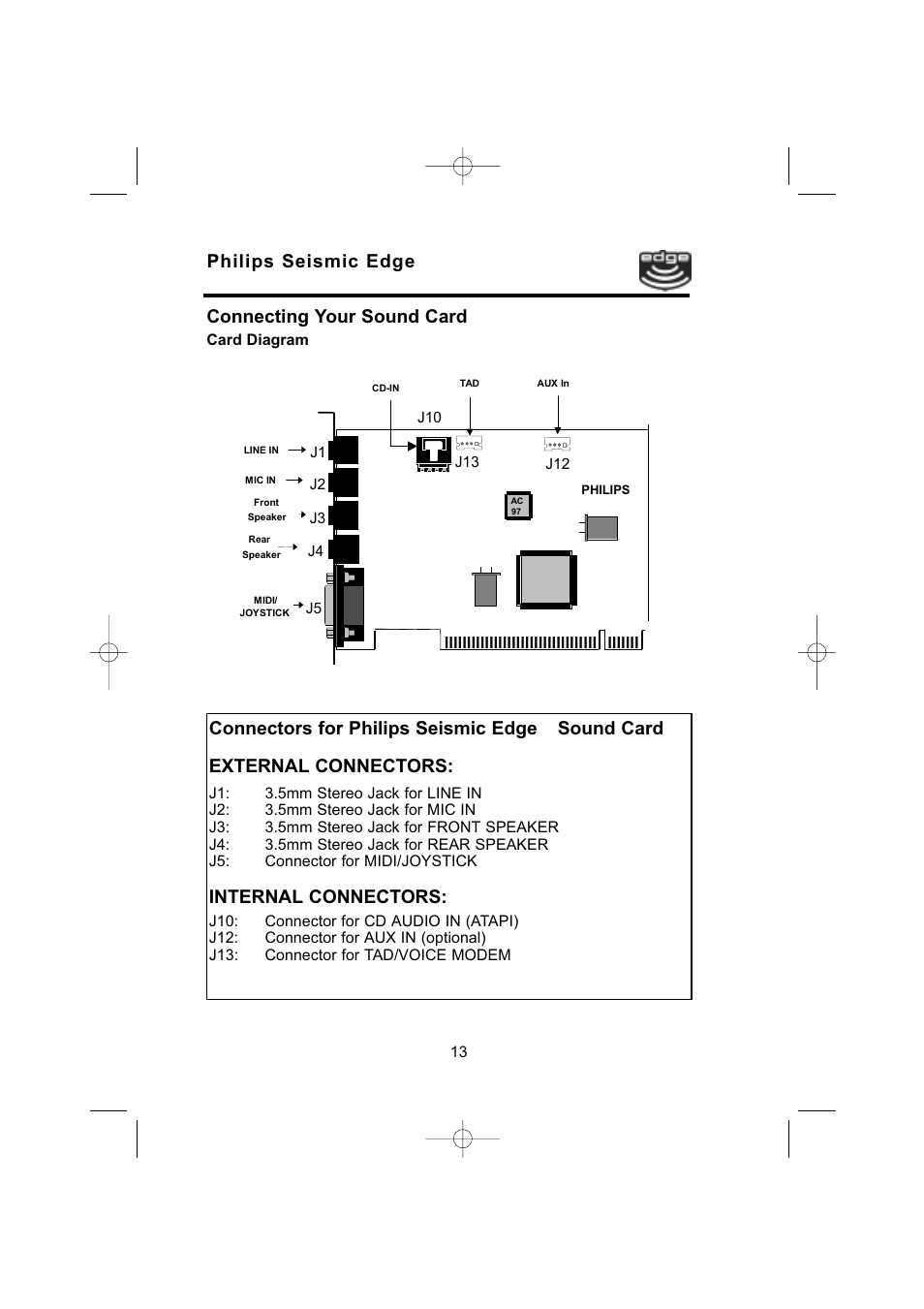 Philips seismic edge, Internal connectors, Connecting your sound card | Philips 4-Channel Sound Card User Manual | Page 13 / 60