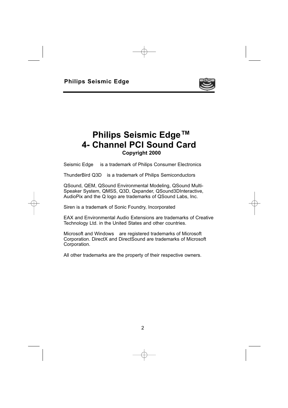Philips seismic edge, Channel pci sound card | Philips 4-Channel Sound Card User Manual | Page 2 / 60