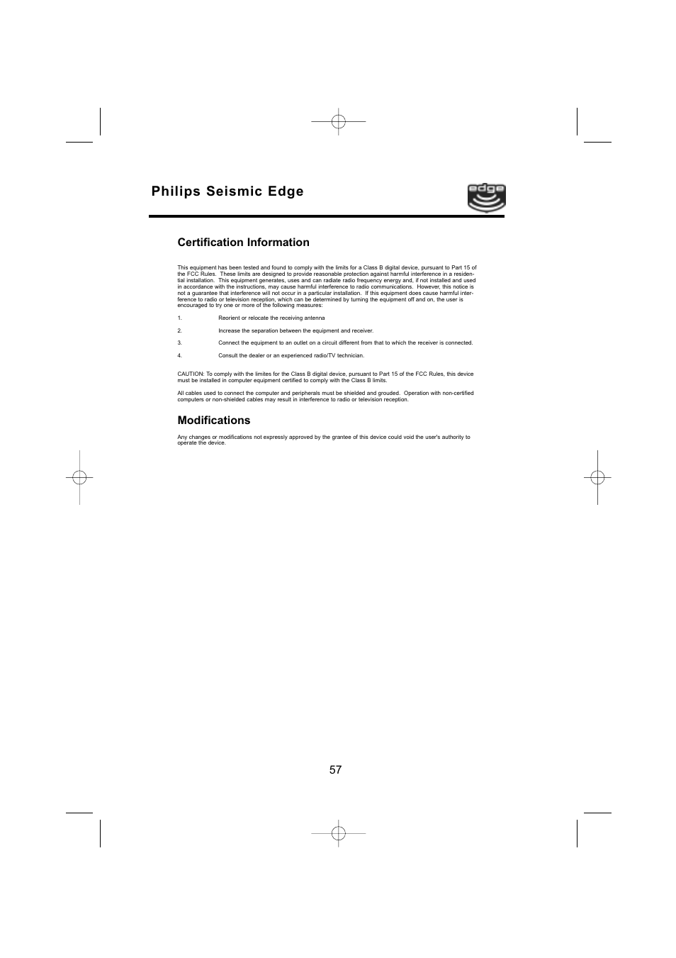 Philips seismic edge, 57 certification information, Modifications | Philips 4-Channel Sound Card User Manual | Page 57 / 60