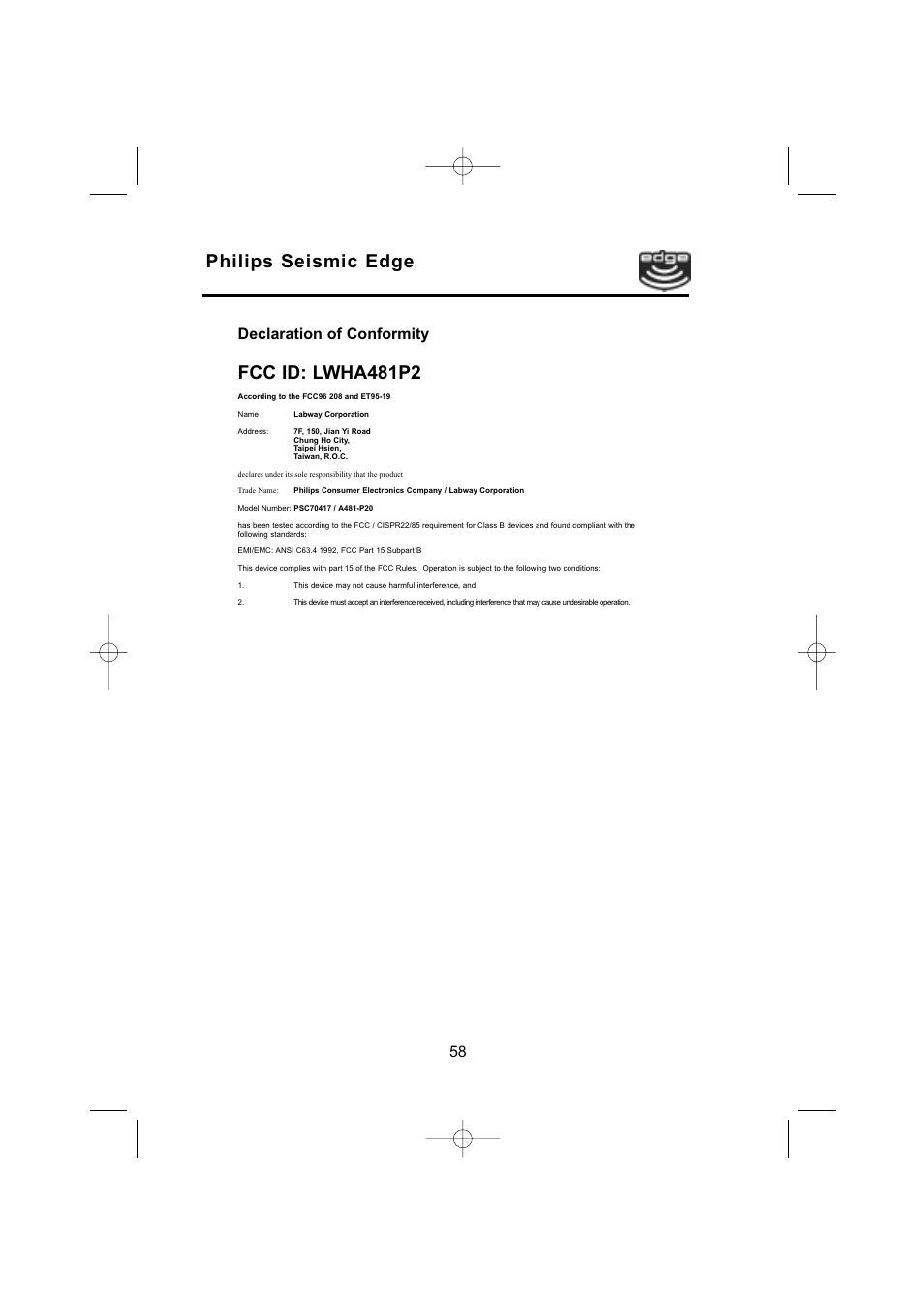 Philips seismic edge, Fcc id: lwha481p2, 58 declaration of conformity | Philips 4-Channel Sound Card User Manual | Page 58 / 60