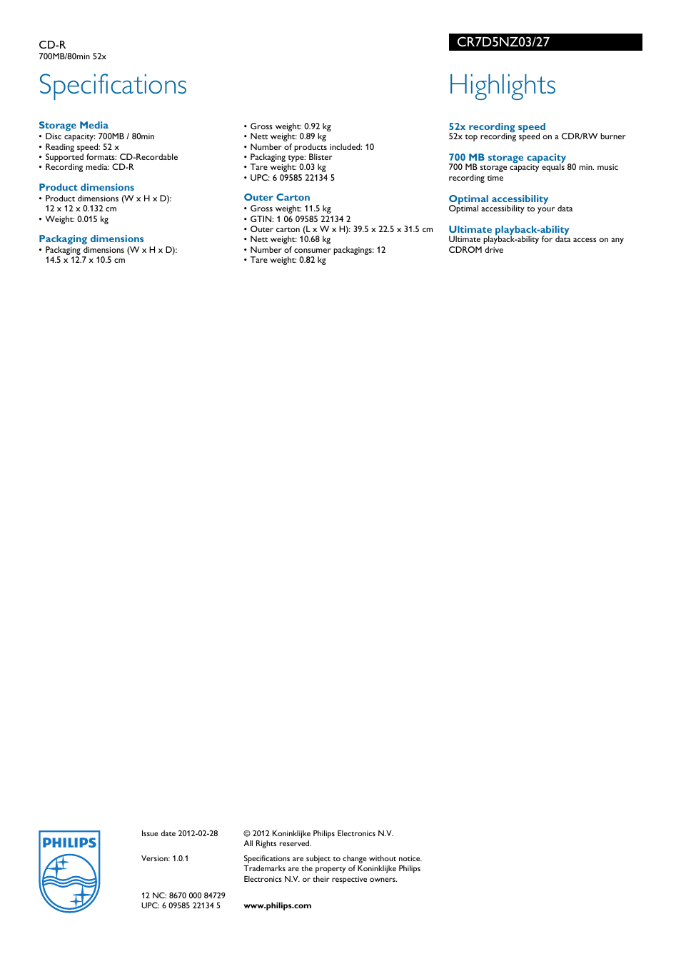 Specifications, Highlights | Philips CR7D5NZ03-27 User Manual | Page 2 / 2