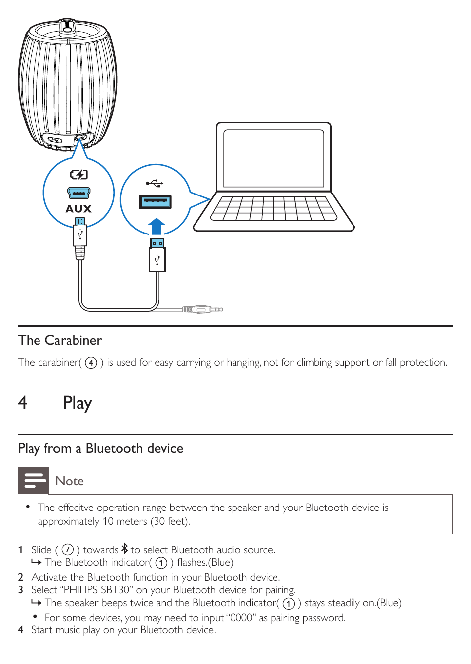 4 play, The carabiner, Play from a bluetooth device | Philips SBT30ORG-37 User Manual | Page 6 / 10