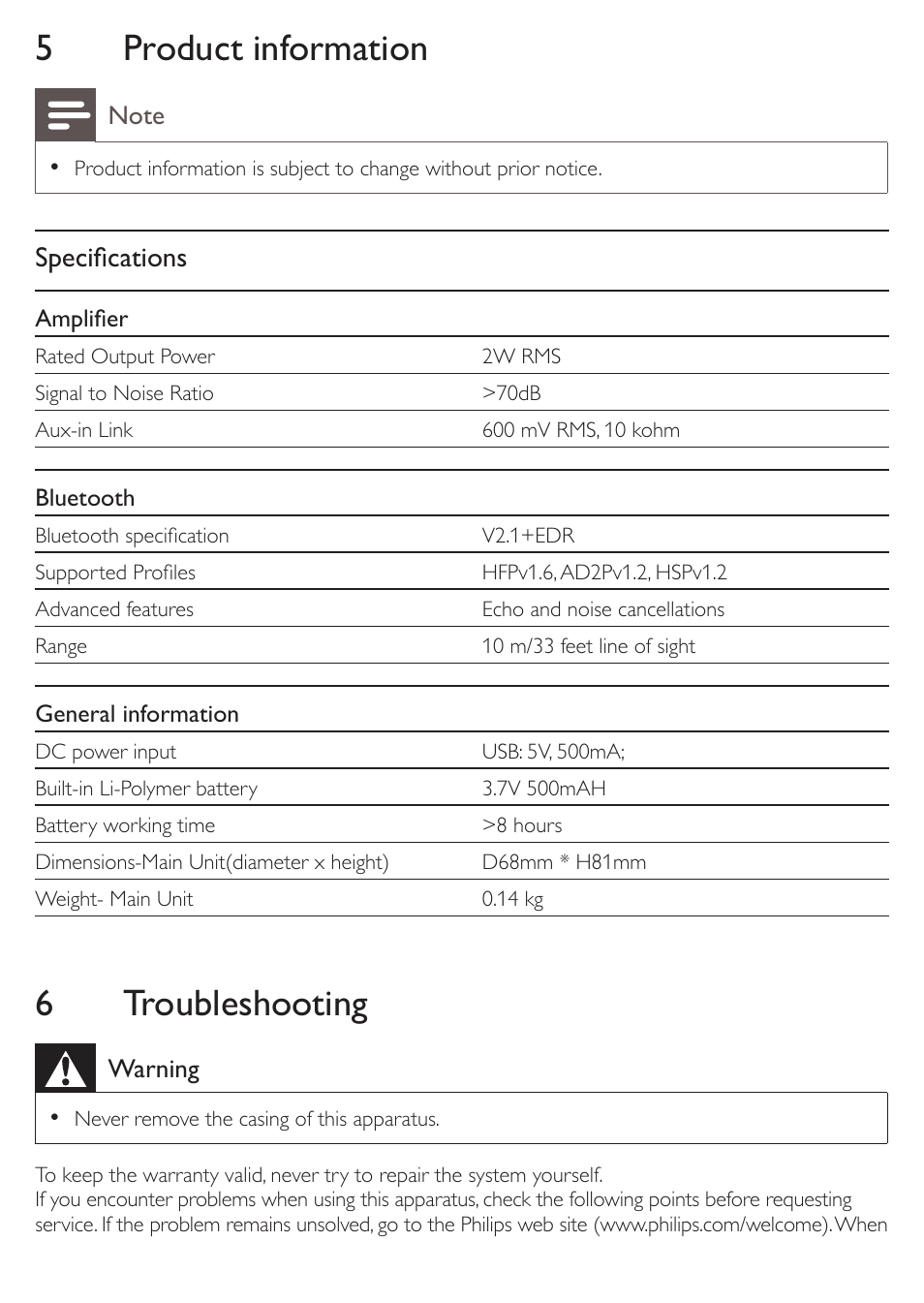 5product information, 6 troubleshooting, Specifications | Philips SBT30ORG-37 User Manual | Page 8 / 10