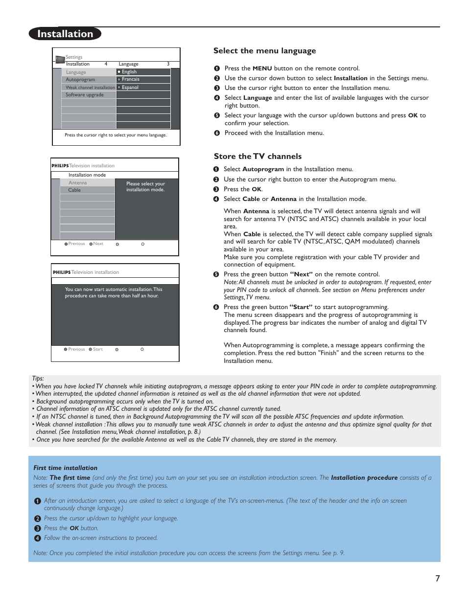 Installation, Store the tv channels select the menu language | Philips 50PL9220D-37B User Manual | Page 15 / 42