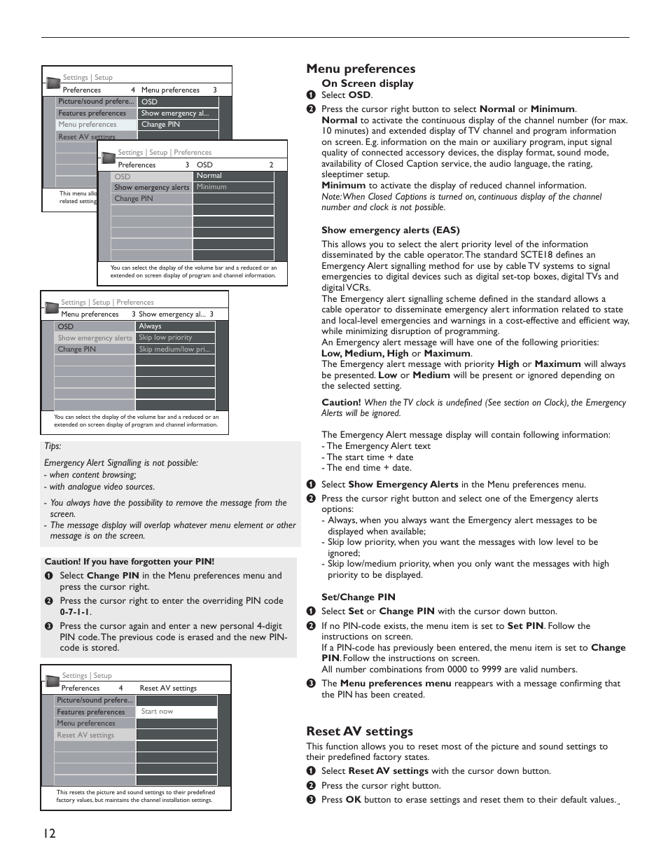 Menu preferences, Reset av settings | Philips 50PL9220D-37B User Manual | Page 20 / 42