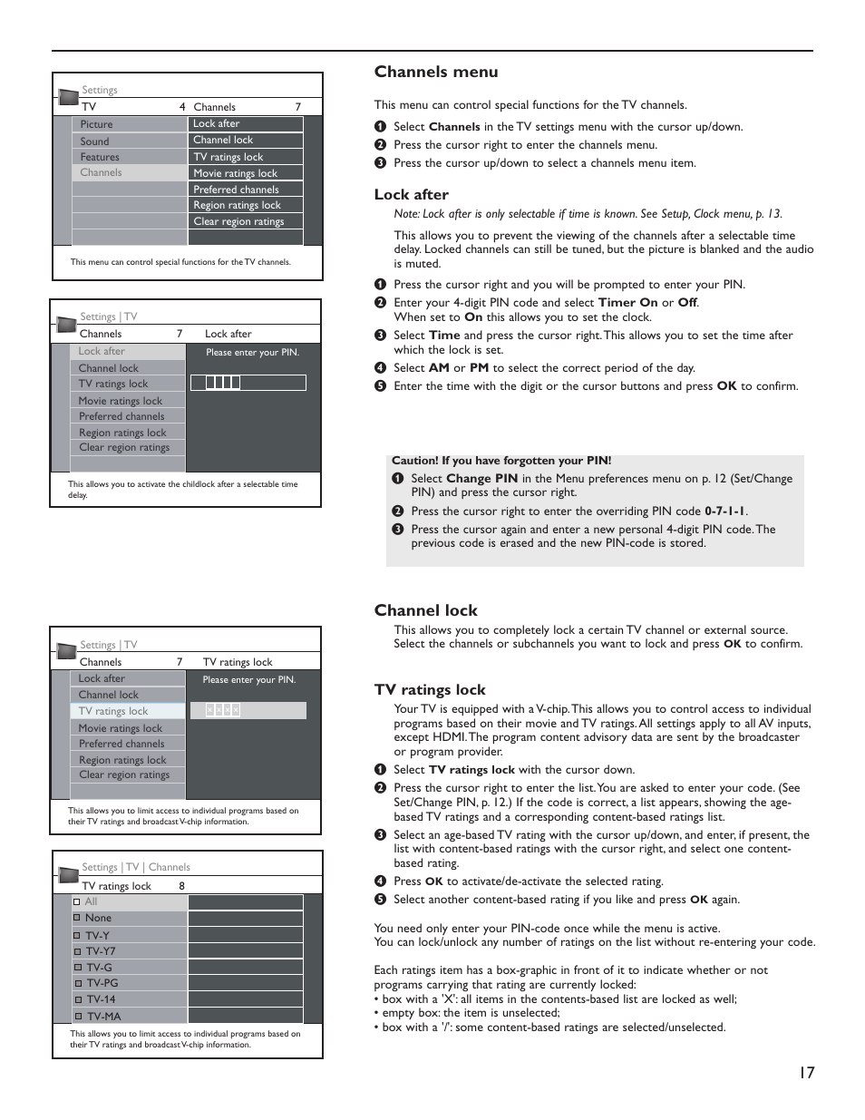 17 channels menu, Channel lock, Lock after | Tv ratings lock | Philips 50PL9220D-37B User Manual | Page 25 / 42