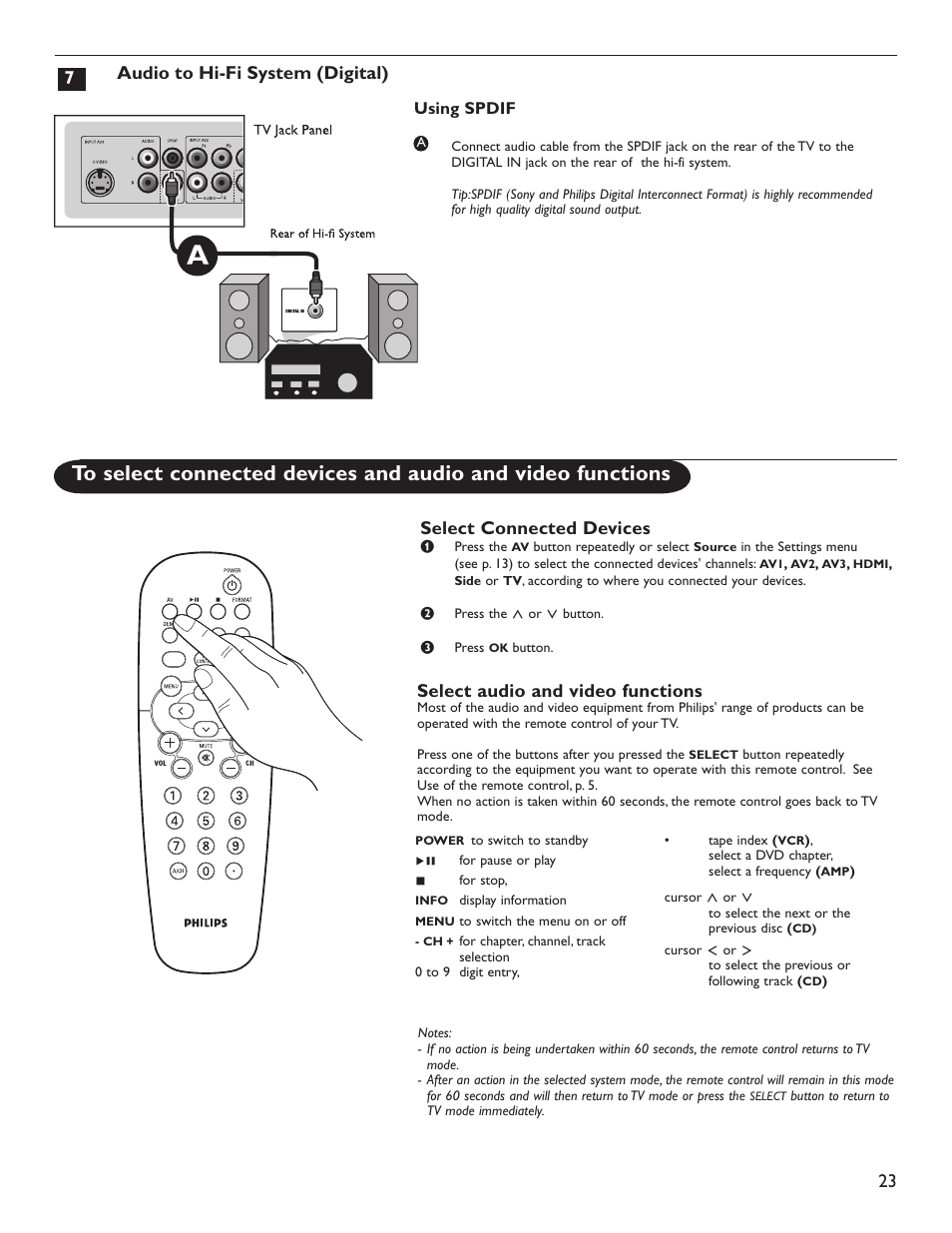 7audio to hi-fi system (digital), Select connected devices, Select audio and video functions | Philips 50PL9220D-37B User Manual | Page 31 / 42