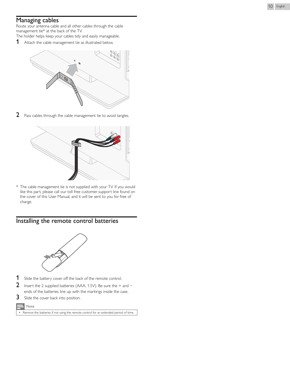 Managing cables, Installing the remote control batteries, Installing the remote control batteries 1 | Philips 29PFL4908-F7 User Manual | Page 10 / 112