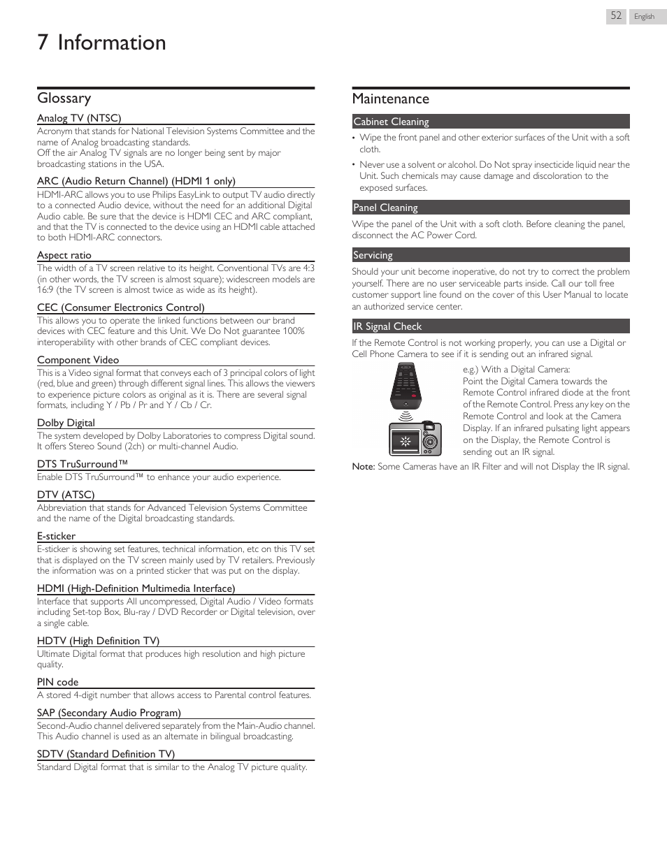 Information, Glossary, Maintenance | 7 information, L p. 52 | Philips 29PFL4908-F7 User Manual | Page 108 / 112