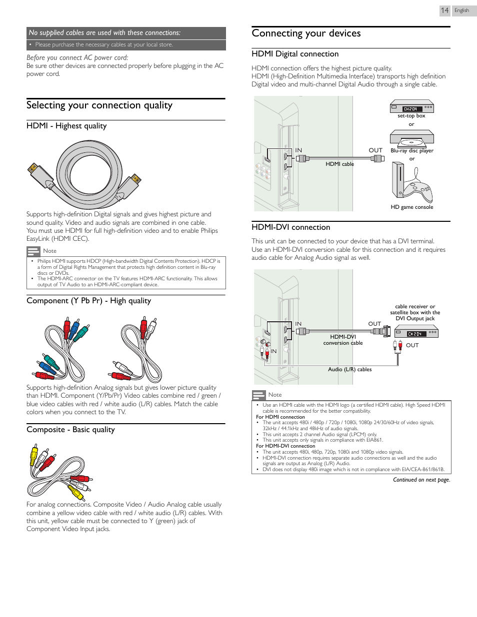 Selecting your connection quality, Connecting your devices, Hdmi - highest quality | Component (y pb pr) - high quality, Composite - basic quality, Hdmi digital connection, Hdmi-dvi connection | Philips 29PFL4908-F7 User Manual | Page 14 / 112