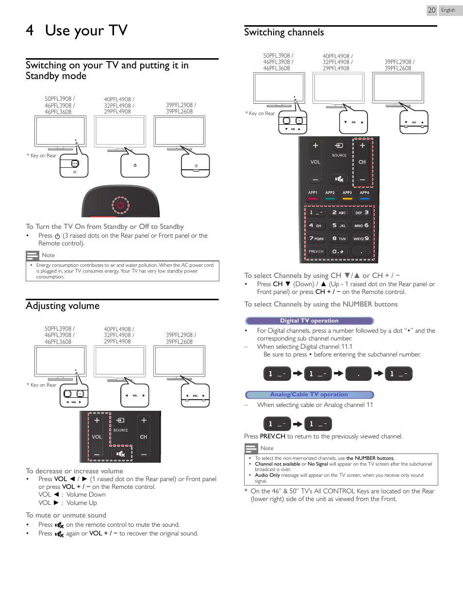 4 use your tv, Adjusting volume, Switching channels | Use your tv | Philips 29PFL4908-F7 User Manual | Page 20 / 112