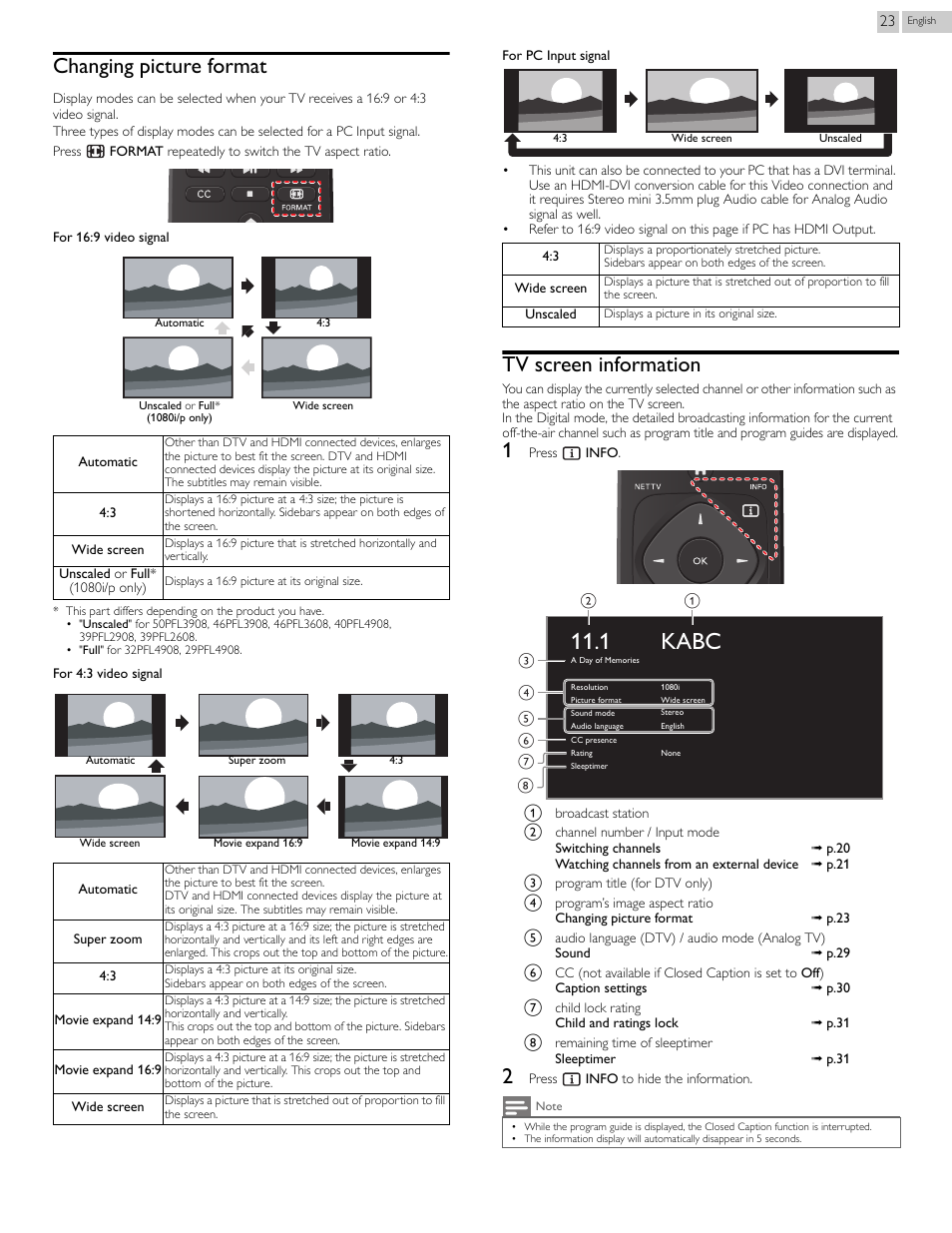 Changing picture format, Tv screen information, 1 kabc | Philips 29PFL4908-F7 User Manual | Page 23 / 112