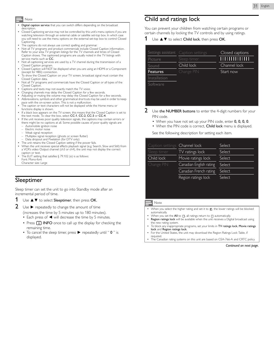 Sleeptimer, Child and ratings lock, P.31 | Philips 29PFL4908-F7 User Manual | Page 31 / 112