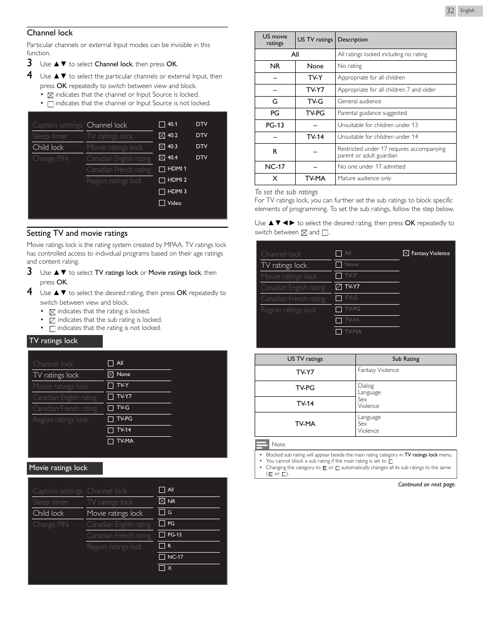 Channel lock, Setting tv and movie ratings | Philips 29PFL4908-F7 User Manual | Page 32 / 112