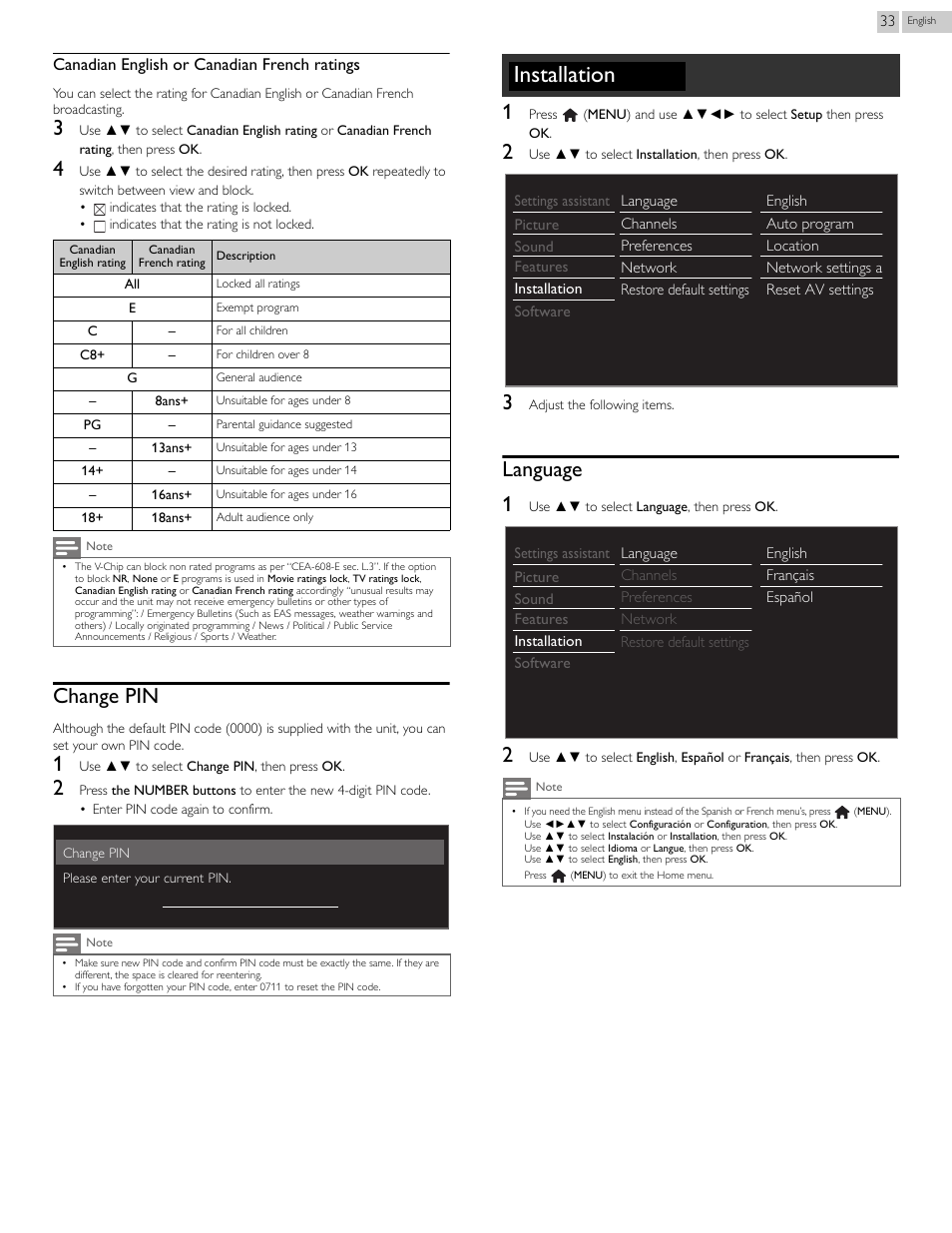 Change pin, Installation, Language | P.33, Language 1 | Philips 29PFL4908-F7 User Manual | Page 33 / 112