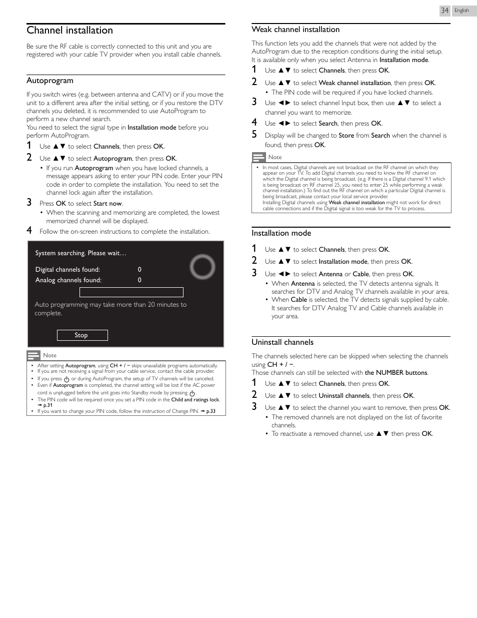 Channel installation, P.34 | Philips 29PFL4908-F7 User Manual | Page 34 / 112