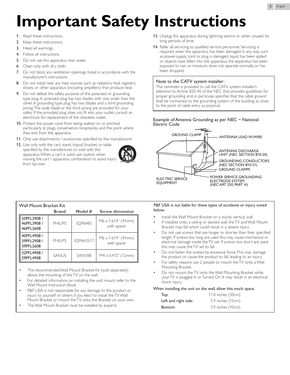 Important safety instructions | Philips 29PFL4908-F7 User Manual | Page 4 / 112