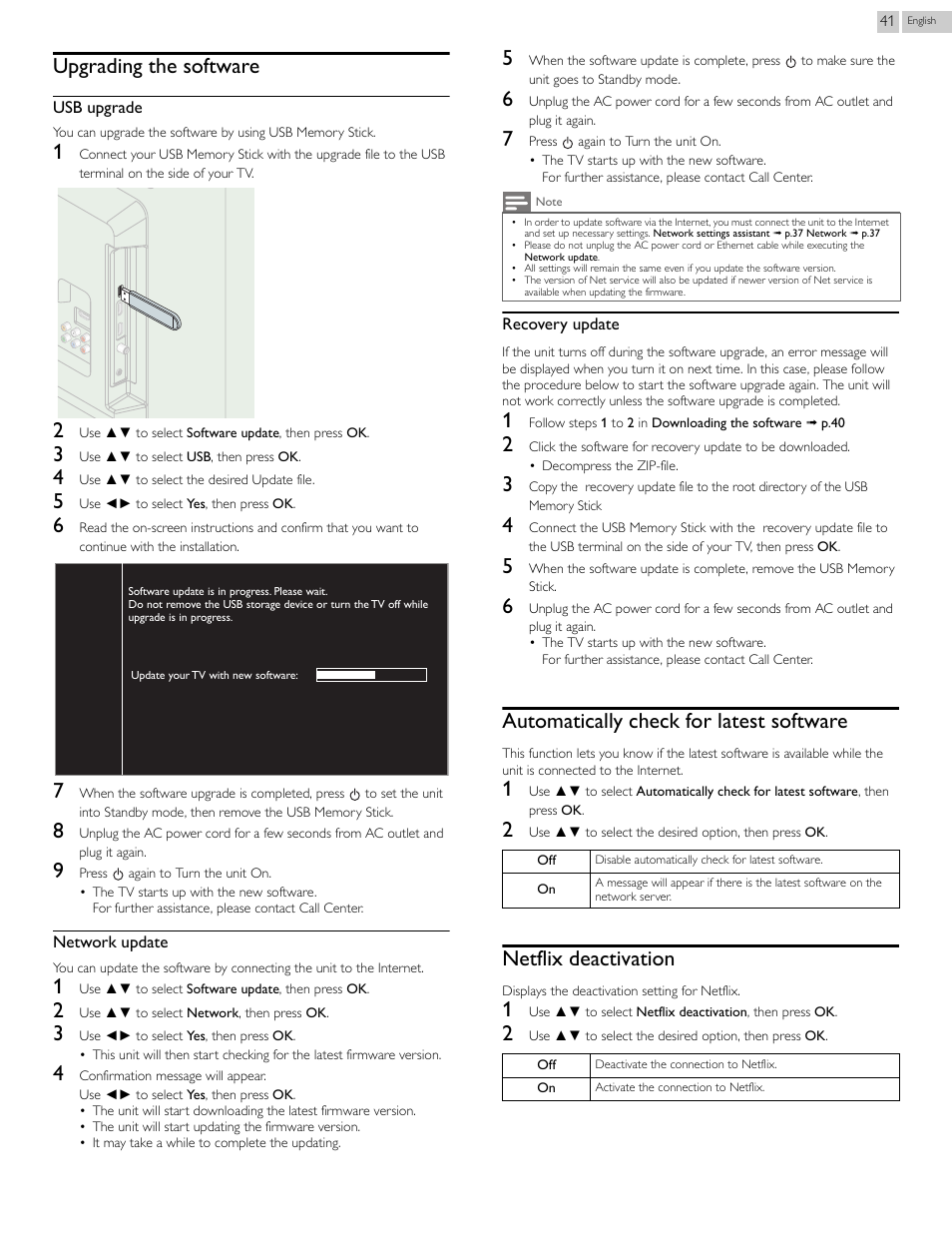 Upgrading the software, Automatically check for latest software, Netflix deactivation | Philips 29PFL4908-F7 User Manual | Page 41 / 112
