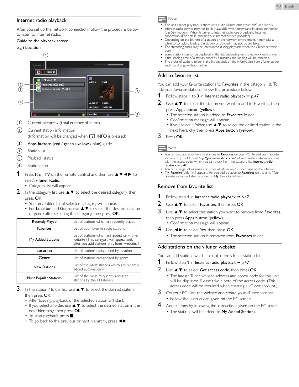Internet radio playback, Add to favorite list, Remove from favorite list | Add stations on the vtuner website | Philips 29PFL4908-F7 User Manual | Page 47 / 112
